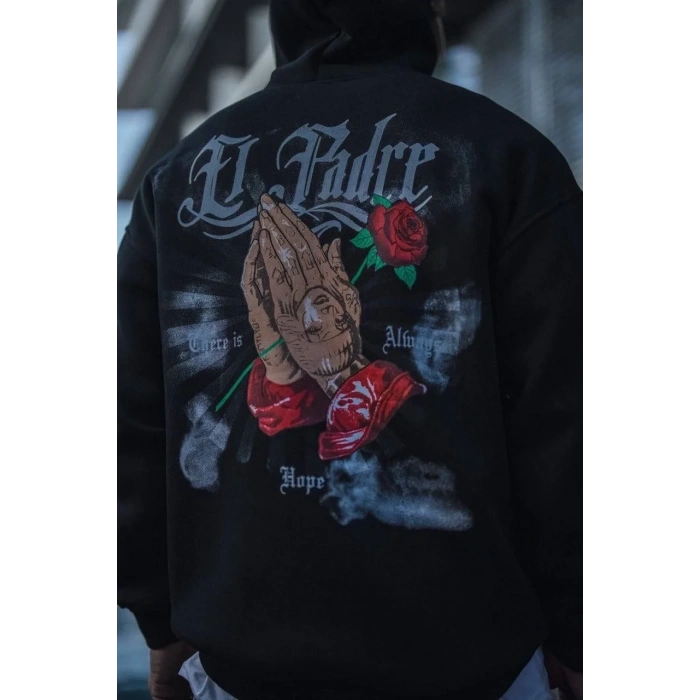 Erkek 3 İplik Pamuklu Kapüşonlu Baskılı Cepli Oversize Sweatshirt Hoodie - Siyah