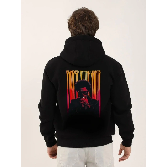 Erkek 3 İplik Pamuklu Kapüşonlu Baskılı Cepli Oversize Sweatshirt Hoodie - Siyah