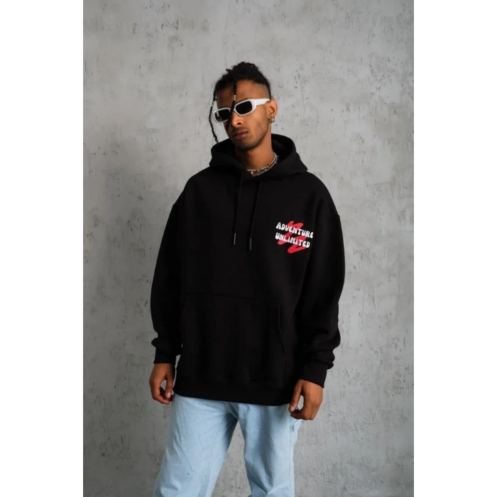 Erkek 3 İplik Pamuklu Kapüşonlu Baskılı Cepli Oversize Sweatshirt Hoodie - Siyah