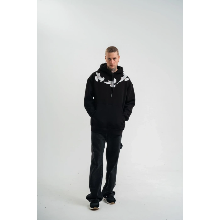 Erkek 3 İplik Pamuklu Kapüşonlu Baskılı Cepli Oversize Sweatshirt Hoodie - Siyah