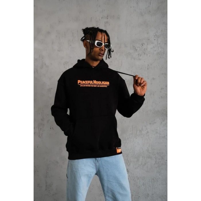 Erkek 3 İplik Pamuklu Kapüşonlu Baskılı Cepli Oversize Sweatshirt Hoodie - Siyah