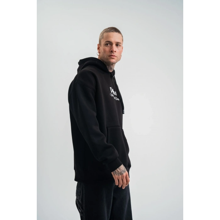 Erkek 3 İplik Pamuklu Kapüşonlu Baskılı Cepli Oversize Sweatshirt Hoodie - Siyah