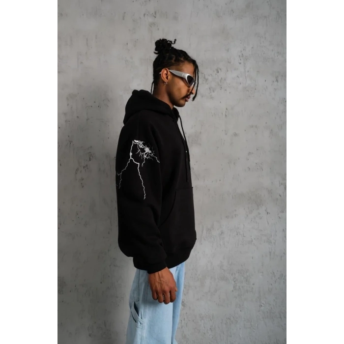 Erkek 3 İplik Pamuklu Kapüşonlu Baskılı Cepli Oversize Sweatshirt Hoodie - Siyah
