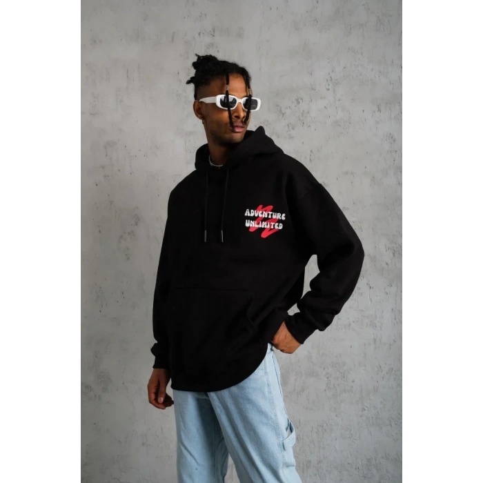 Erkek 3 İplik Pamuklu Kapüşonlu Baskılı Cepli Oversize Sweatshirt Hoodie - Siyah
