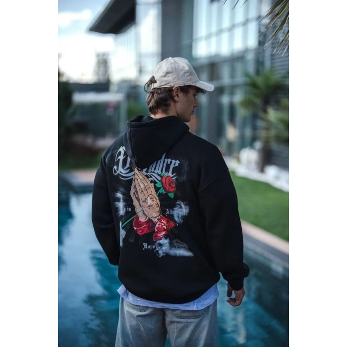 Erkek 3 İplik Pamuklu Kapüşonlu Baskılı Cepli Oversize Sweatshirt Hoodie - Siyah
