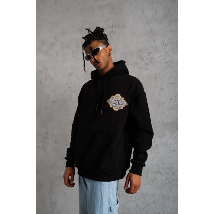Erkek 3 İplik Pamuklu Kapüşonlu Baskılı Cepli Oversize Sweatshirt Hoodie - Siyah
