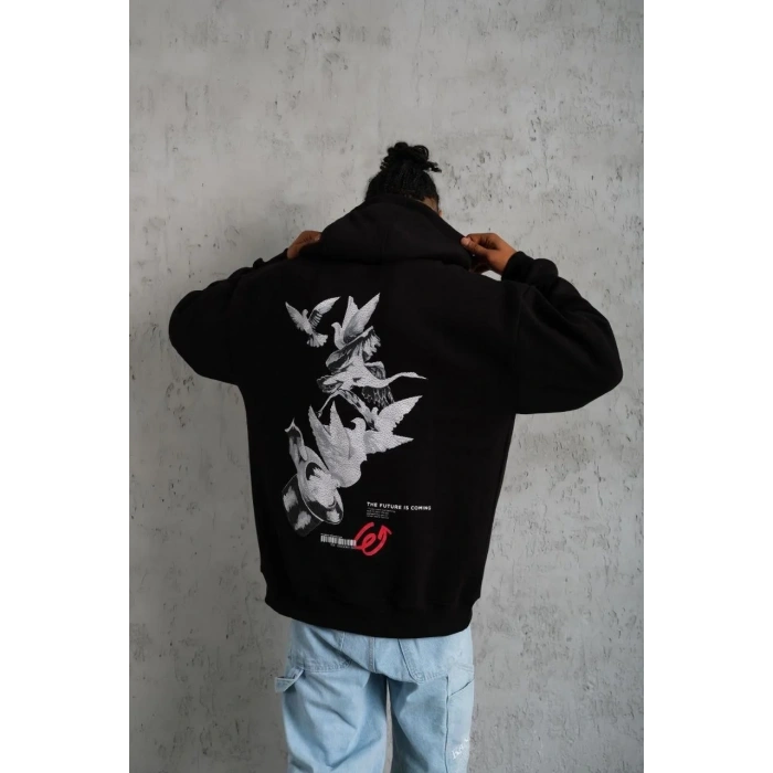 Erkek 3 İplik Pamuklu Kapüşonlu Baskılı Cepli Oversize Sweatshirt Hoodie - Siyah