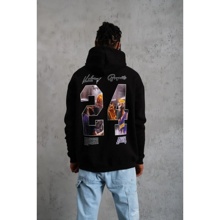 Erkek 3 İplik Pamuklu Kapüşonlu Baskılı Cepli Oversize Sweatshirt Hoodie - Siyah