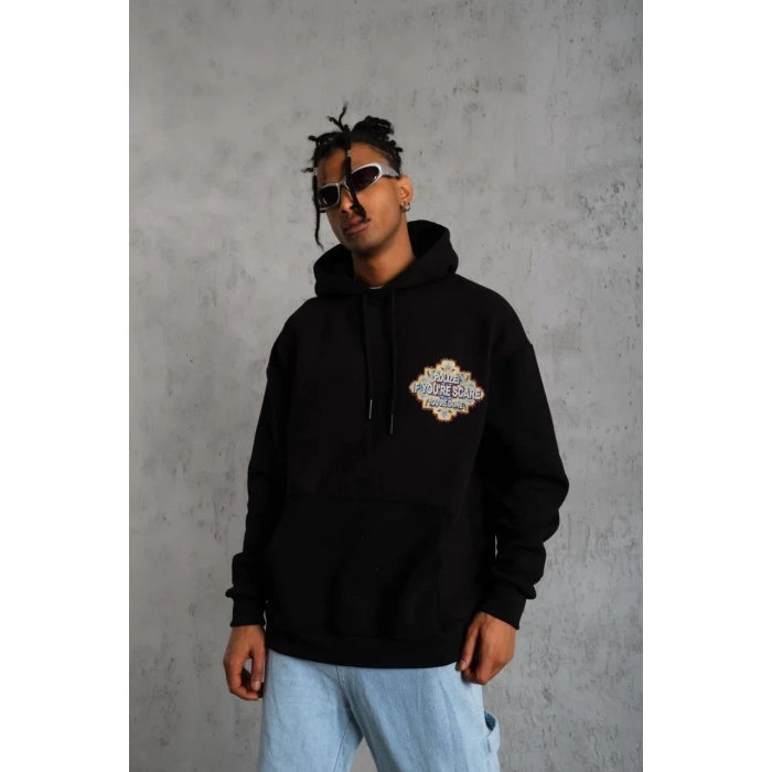 Erkek 3 İplik Pamuklu Kapüşonlu Baskılı Cepli Oversize Sweatshirt Hoodie - Siyah