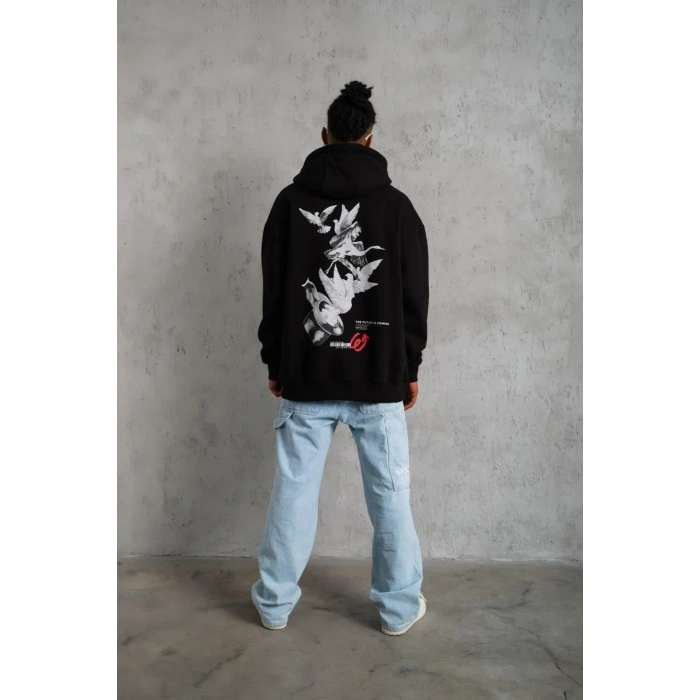 Erkek 3 İplik Pamuklu Kapüşonlu Baskılı Cepli Oversize Sweatshirt Hoodie - Siyah