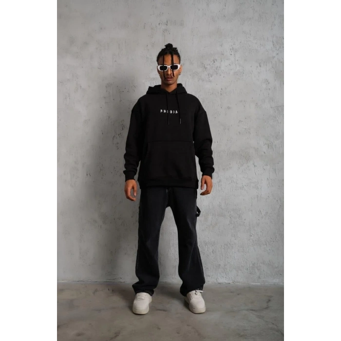 Erkek 3 İplik Pamuklu Kapüşonlu Baskılı Cepli Oversize Sweatshirt Hoodie - Siyah