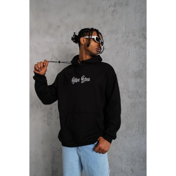 Erkek 3 İplik Pamuklu Kapüşonlu Baskılı Cepli Oversize Sweatshirt Hoodie - Siyah