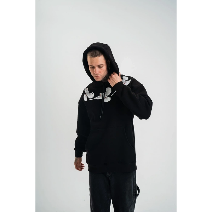 Erkek 3 İplik Pamuklu Kapüşonlu Baskılı Cepli Oversize Sweatshirt Hoodie - Siyah
