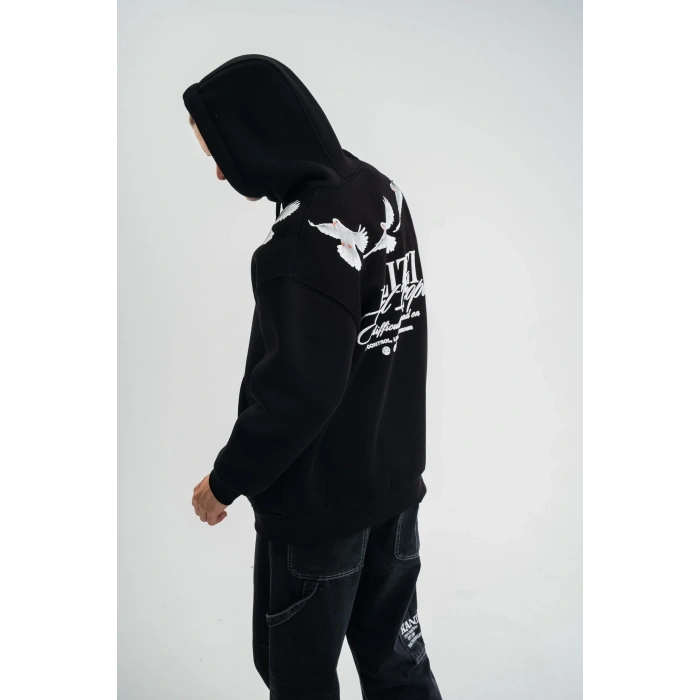 Erkek 3 İplik Pamuklu Kapüşonlu Baskılı Cepli Oversize Sweatshirt Hoodie - Siyah