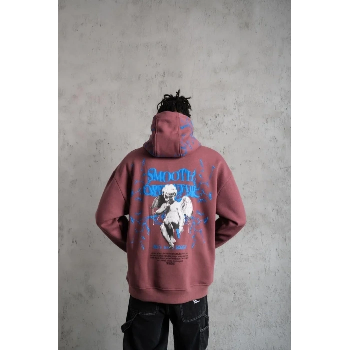 Erkek 3 İplik Pamuklu Kapüşonlu Baskılı Cepli Sweatshirt Hoodie - Gül Kurusu