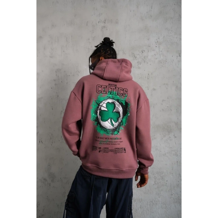 Erkek 3 İplik Pamuklu Kapüşonlu Baskılı Cepli Sweatshirt Hoodie - Gül Kurusu