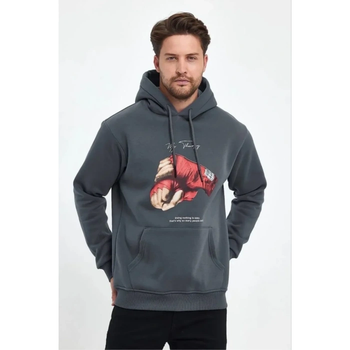 Erkek 3 İplik Pamuklu Kapüşonlu Cepli Boks Eldiven Baskılı Hoodie Sweatshirt - Füme