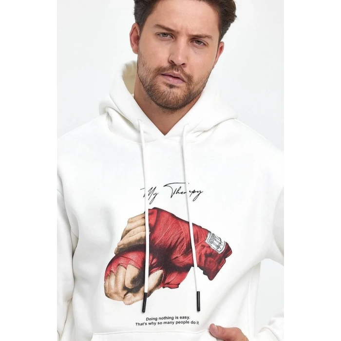 Erkek 3 İplik Pamuklu Kapüşonlu Cepli Box Eldiven Baskılı Hoodie Sweatshirt - Beyaz