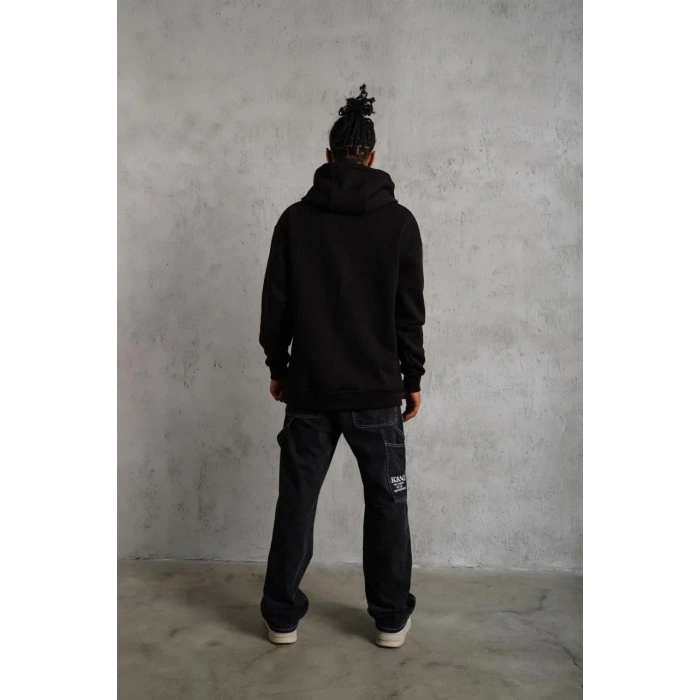 Erkek 3 İplik Pamuklu Kapüşonlu Cepli Düz Oversize Hoodie Sweatshirt - Siyah