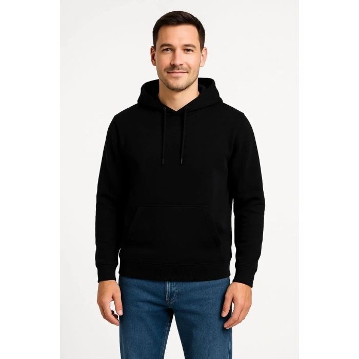 Erkek 3 İplik Pamuklu Kapüşonlu Kanguru Cepli SweatShirt hoodie - Siyah
