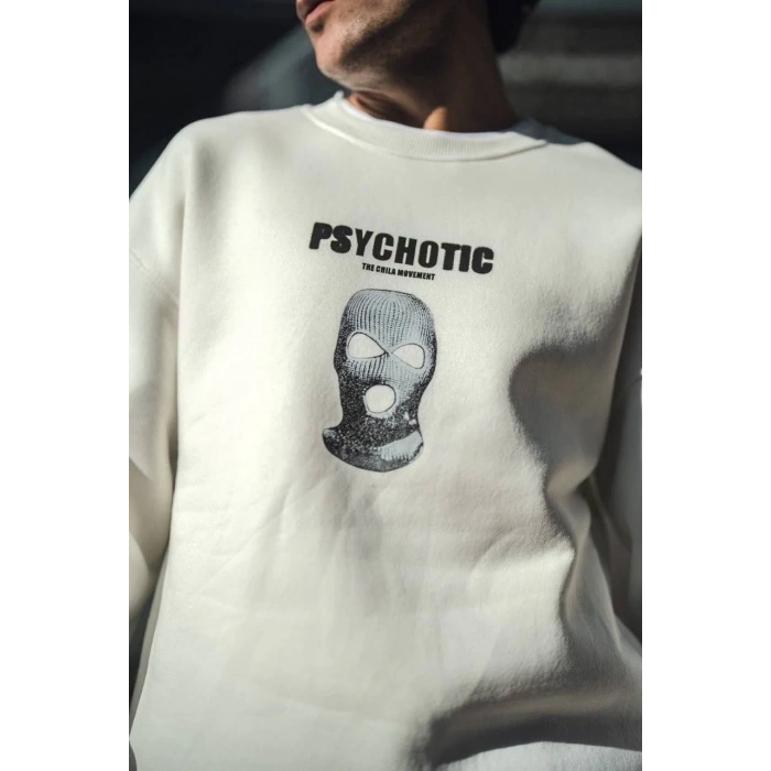 Erkek 3 iplik pamuklu Kışlık Bisiklet Yaka Baskılı SweatShirt - Beyaz