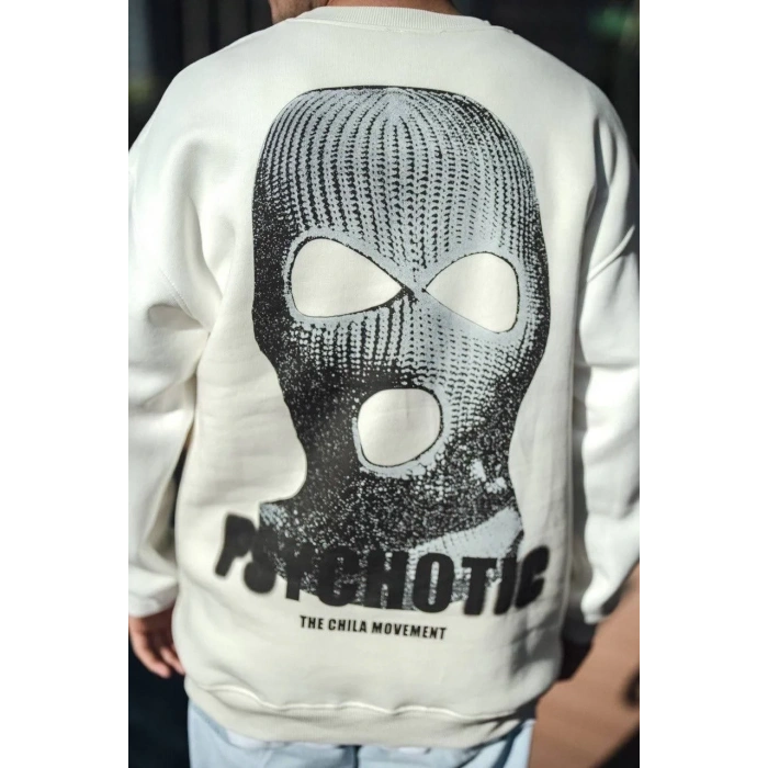 Erkek 3 iplik pamuklu Kışlık Bisiklet Yaka Baskılı SweatShirt - Beyaz