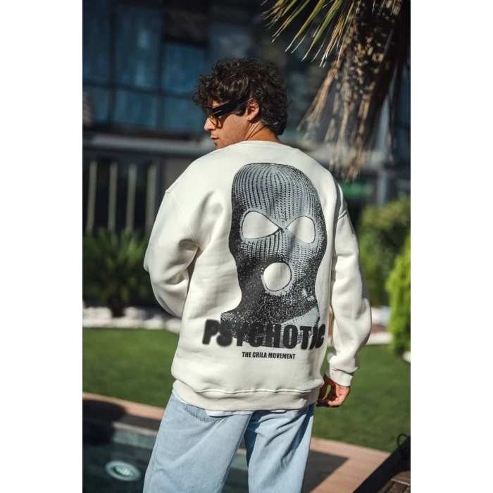 Erkek 3 iplik pamuklu Kışlık Bisiklet Yaka Baskılı SweatShirt - Beyaz