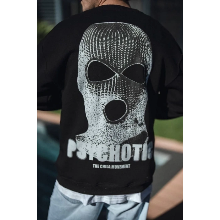 Erkek 3 iplik pamuklu Kışlık Bisiklet Yaka Baskılı SweatShirt - Siyah