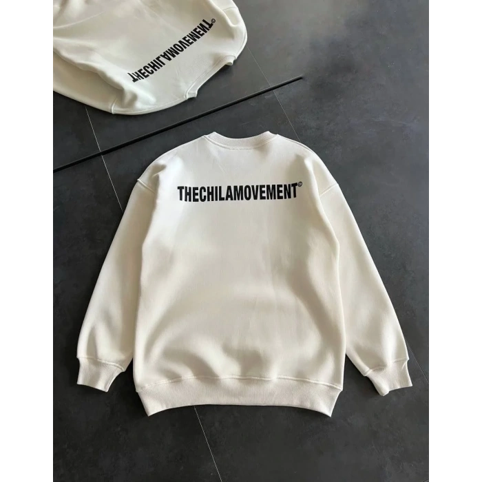 Erkek 3 iplik pamuklu Kışlık Bisiklet Yaka Oversize Baskılı SweatShirt - Beyaz