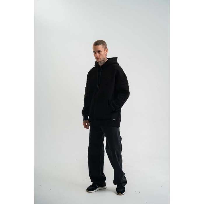 Erkek 3 İplik Pamuklu Oversize Kapüşonlu Nakışlı Hoodie SweatShirt - Siyah