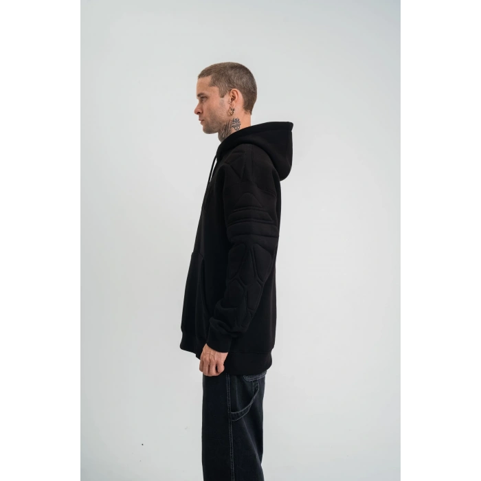 Erkek 3 İplik Pamuklu Oversize Kapüşonlu Nakışlı Hoodie SweatShirt - Siyah