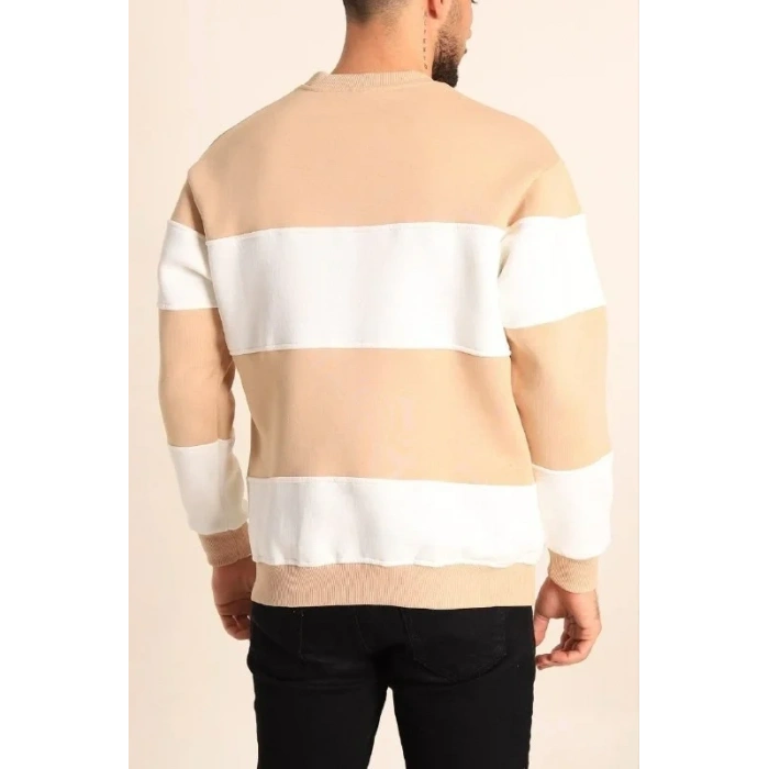 Erkek 3 iplik pamuklu Parçalı Bisiklet Yaka SweatShirt - Bej