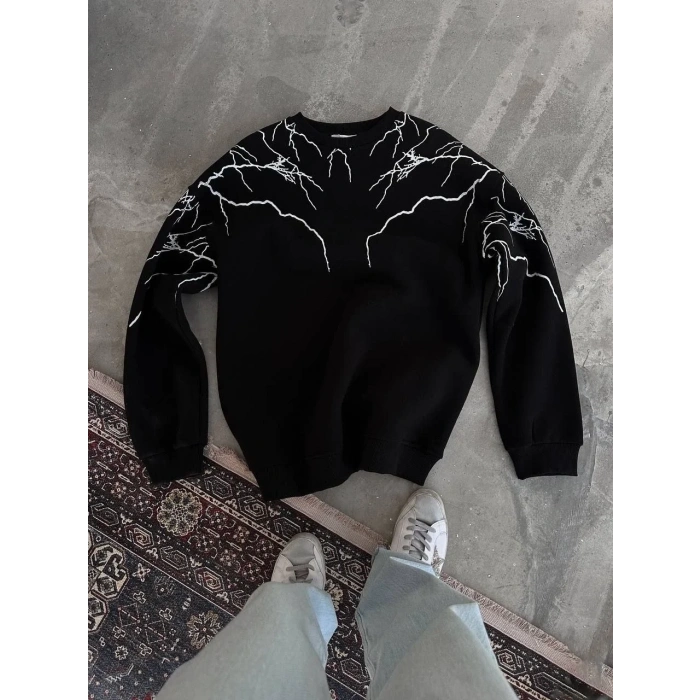 Erkek 3 iplik pamuklu Yıldırım Baskılı Bisiklet Yaka SweatShirt - Siyah