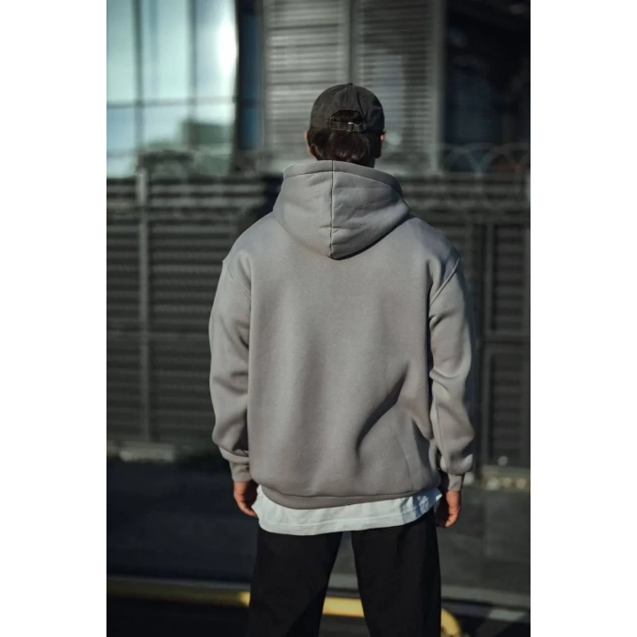Erkek 3 İplik Penye Kapüşonlu Basic SweatShirt Hoodie - Boyalı Gri