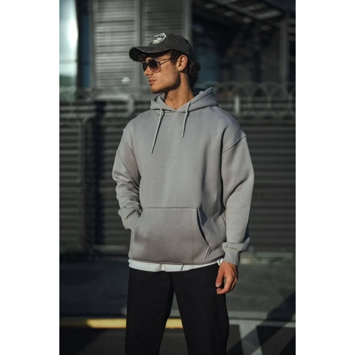 Erkek 3 İplik Penye Kapüşonlu Basic SweatShirt Hoodie - Boyalı Gri