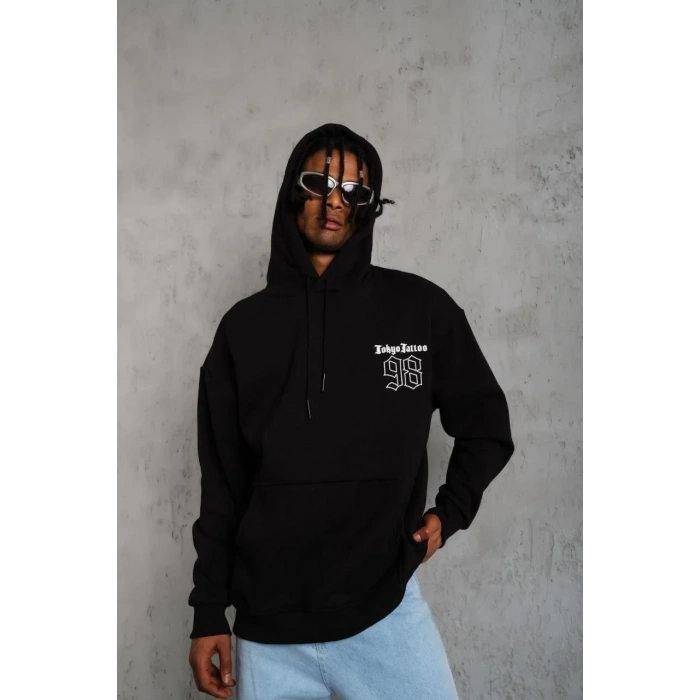 Erkek 98 Baskılı Kapüşonlu 3 iplik pamuklu hoodie Sweatshirt - Siyah