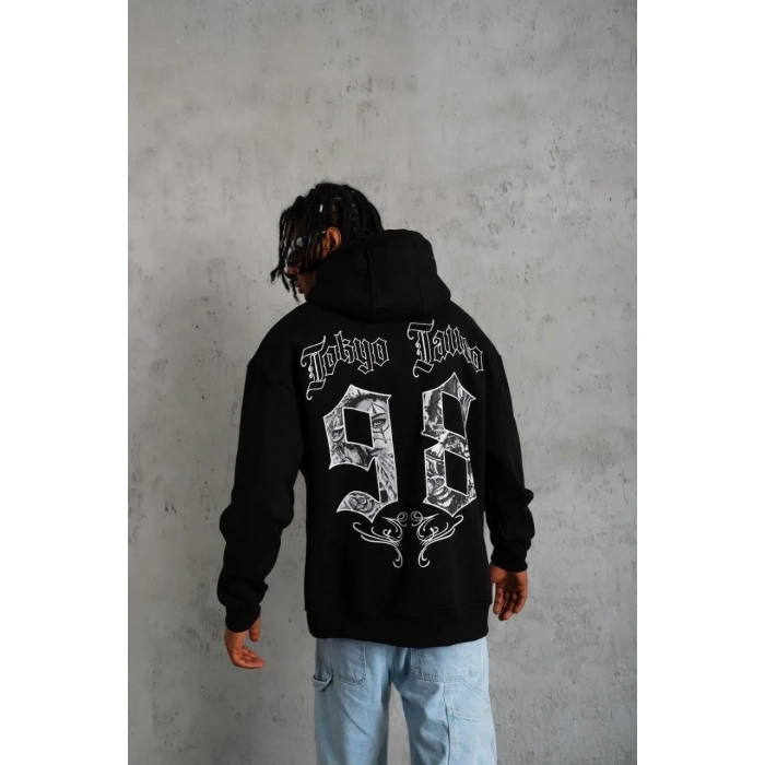 Erkek 98 Baskılı Kapüşonlu 3 iplik pamuklu hoodie Sweatshirt - Siyah