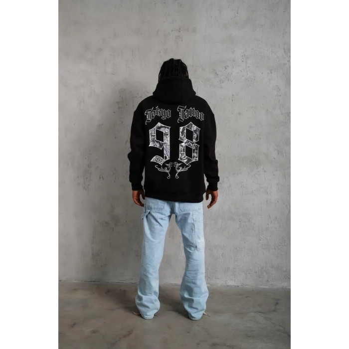 Erkek 98 Baskılı Kapüşonlu 3 iplik pamuklu hoodie Sweatshirt - Siyah