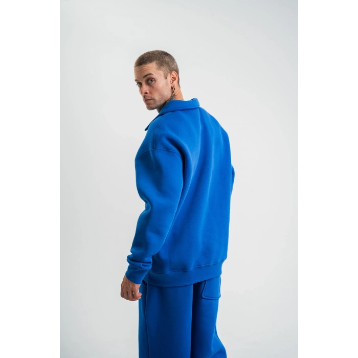 Erkek Açık Yakalı Oversize 3 İplik Pamuklu Sweatshirt - Mavii
