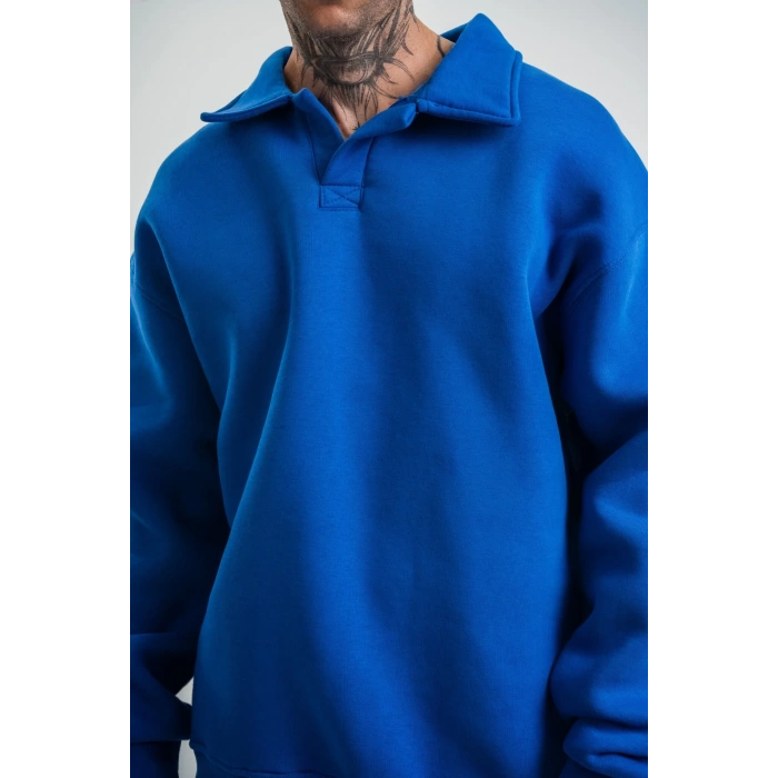 Erkek Açık Yakalı Oversize 3 İplik Pamuklu Sweatshirt - Mavii