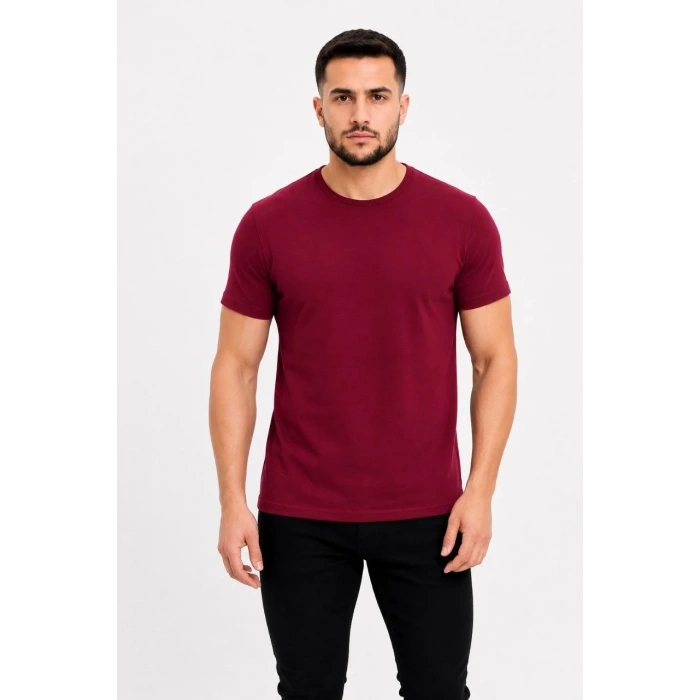 Erkek Basic Tişört Bisiklet Yaka Kısa Kol Günlük Yazlık Slim fit T-Shirt - Bordo