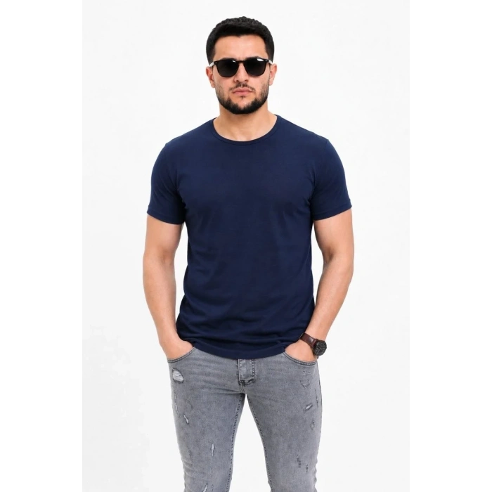 Erkek Basic Tişört Bisiklet Yaka Kısa Kol Günlük Yazlık Slim fit T-Shirt - Lacivert