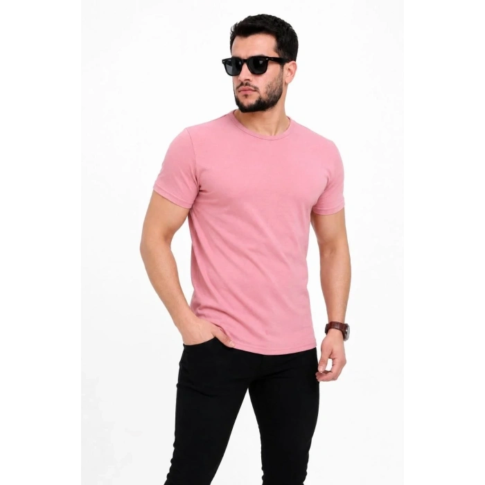Erkek Basic Tişört Bisiklet Yaka Kısa Kol Günlük Yazlık Slim fit T-Shirt - Pembe
