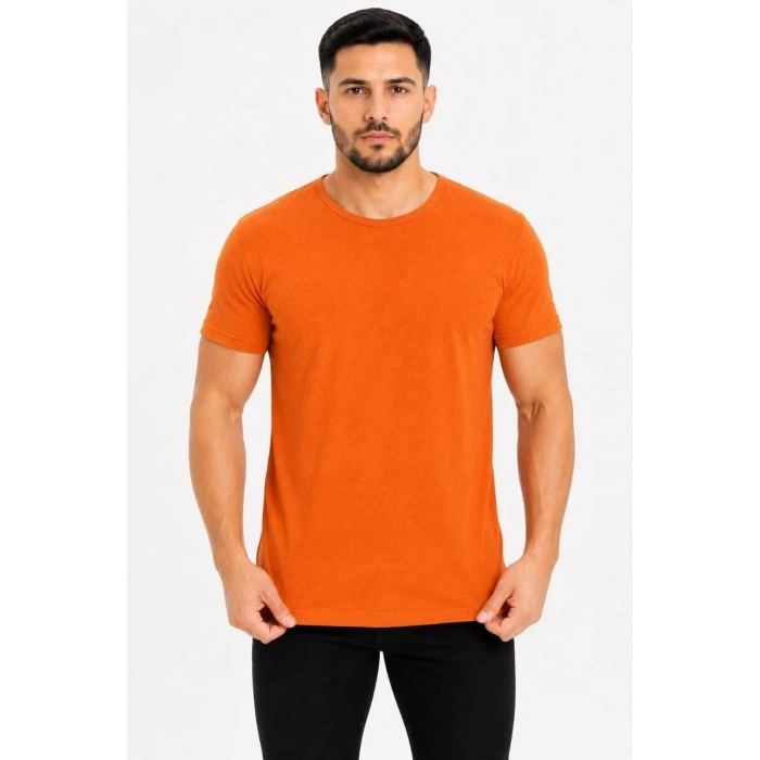 Erkek Basic Tişört Bisiklet Yaka Kısa Kol Günlük Yazlık Slim fit T-Shirt - Turuncu