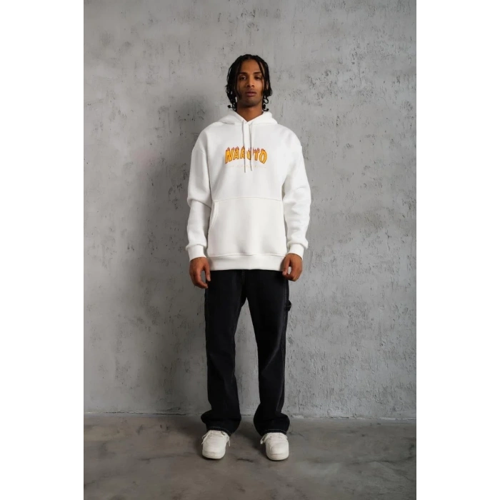 Erkek Baskılı Kapüşonlu 3 iplik pamuklu hoodie Sweatshirt - Beyaz