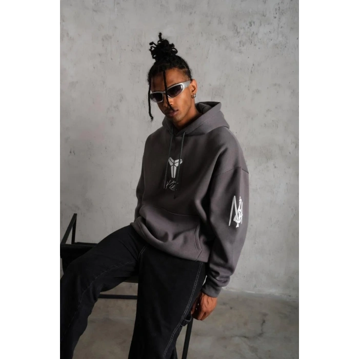 Erkek Baskılı Kapüşonlu 3 iplik pamuklu Hoodie Sweatshirt - Gri