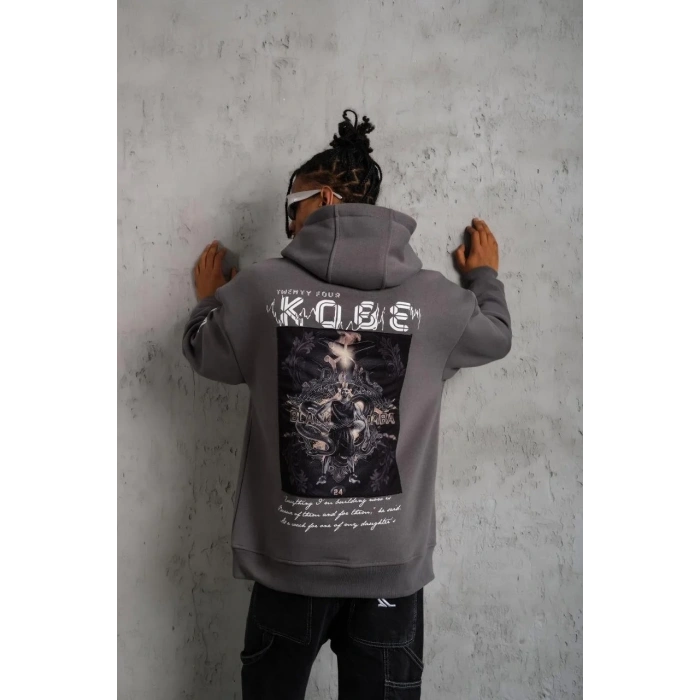 Erkek Baskılı Kapüşonlu 3 iplik pamuklu Hoodie Sweatshirt - Gri