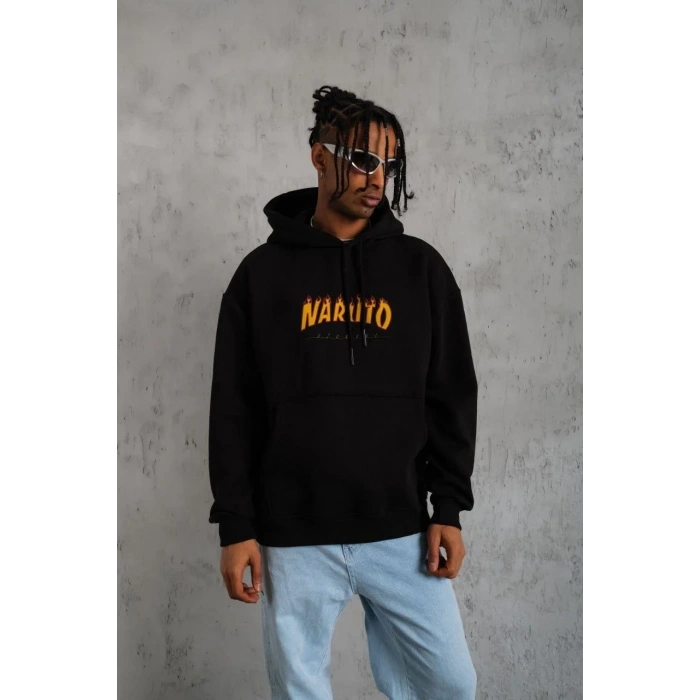Erkek Baskılı Kapüşonlu 3 iplik pamuklu hoodie Sweatshirt - Siyah