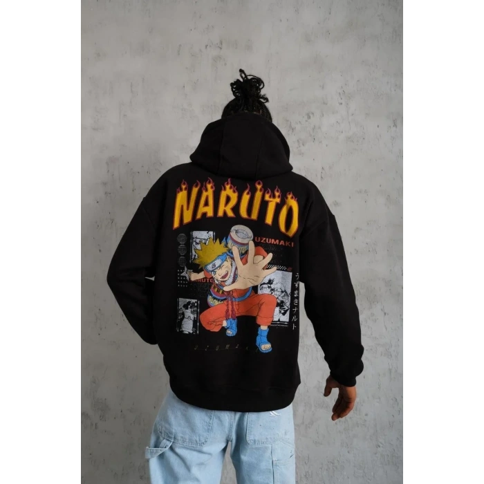 Erkek Baskılı Kapüşonlu 3 iplik pamuklu hoodie Sweatshirt - Siyah