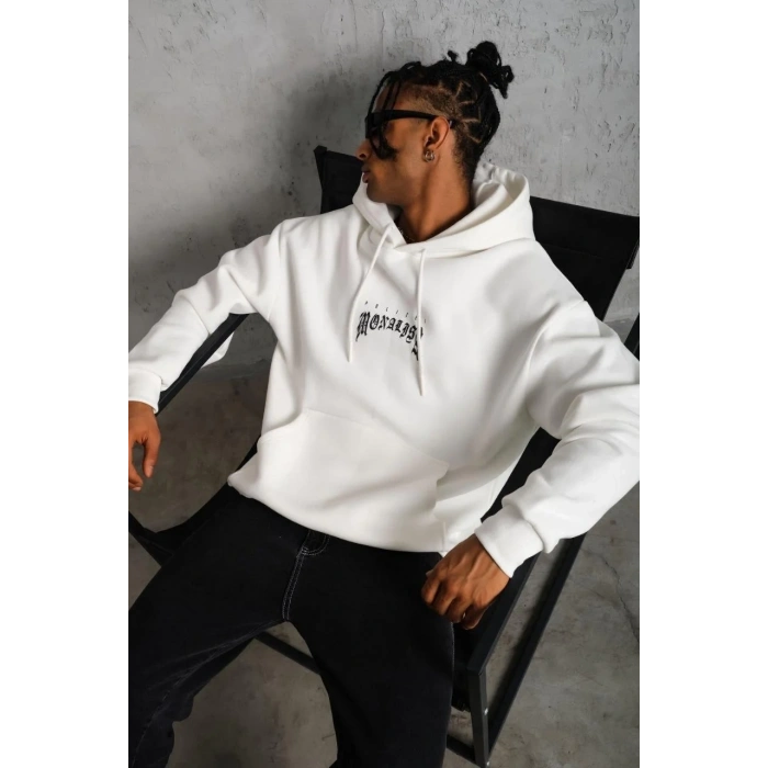 Erkek Baskılı Kapüşonlu ve Kanguru Cepli Sweatshirt hoodie - Beyaz